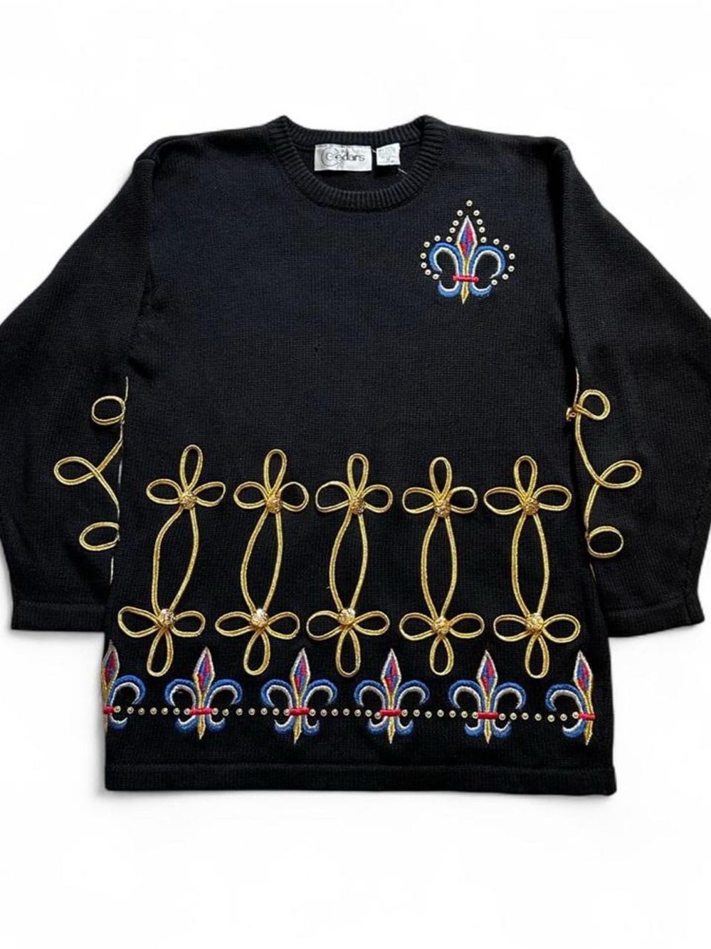 Vintage 90s Cedars Black Embroidered knit Fleur-de-Lis Sweater Gold Accents M